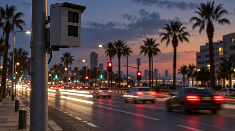 מצלמת אכיפה על עמוד בצד שדרה עירונית בשעת ערב, עם רמזורים, עצי דקל ומכוניות בתנועה