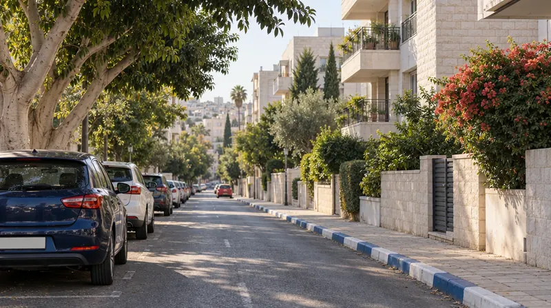 רחוב מגורים בישראל באור בוקר: מכוניות חונות בצד אחד, ובצד השני אבני שפה צבועות כחול-לבן לאורך בנייני אבן
