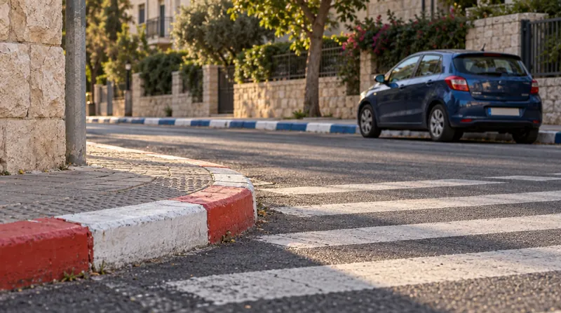 אבני שפה צבועות אדום-לבן בפינת רחוב ליד מעבר חציה, ורכב כחול שחונה ליד אבני שפה כחול-לבן בצד השני